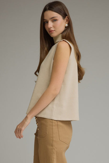 Sleeveless Center Seam Turtleneck Top - Ecru