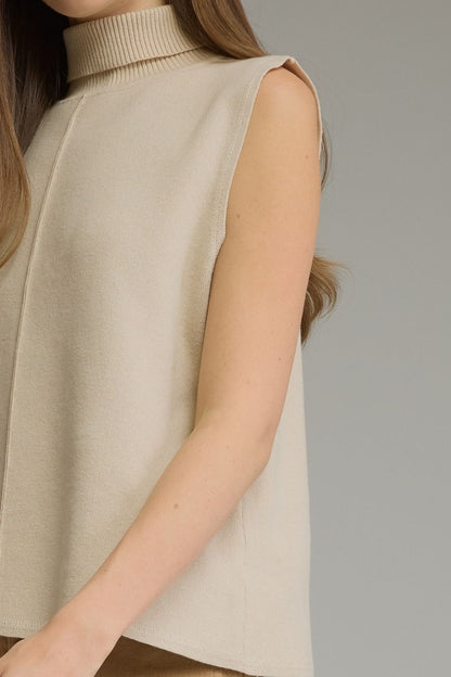 Sleeveless Center Seam Turtleneck Top - Ecru