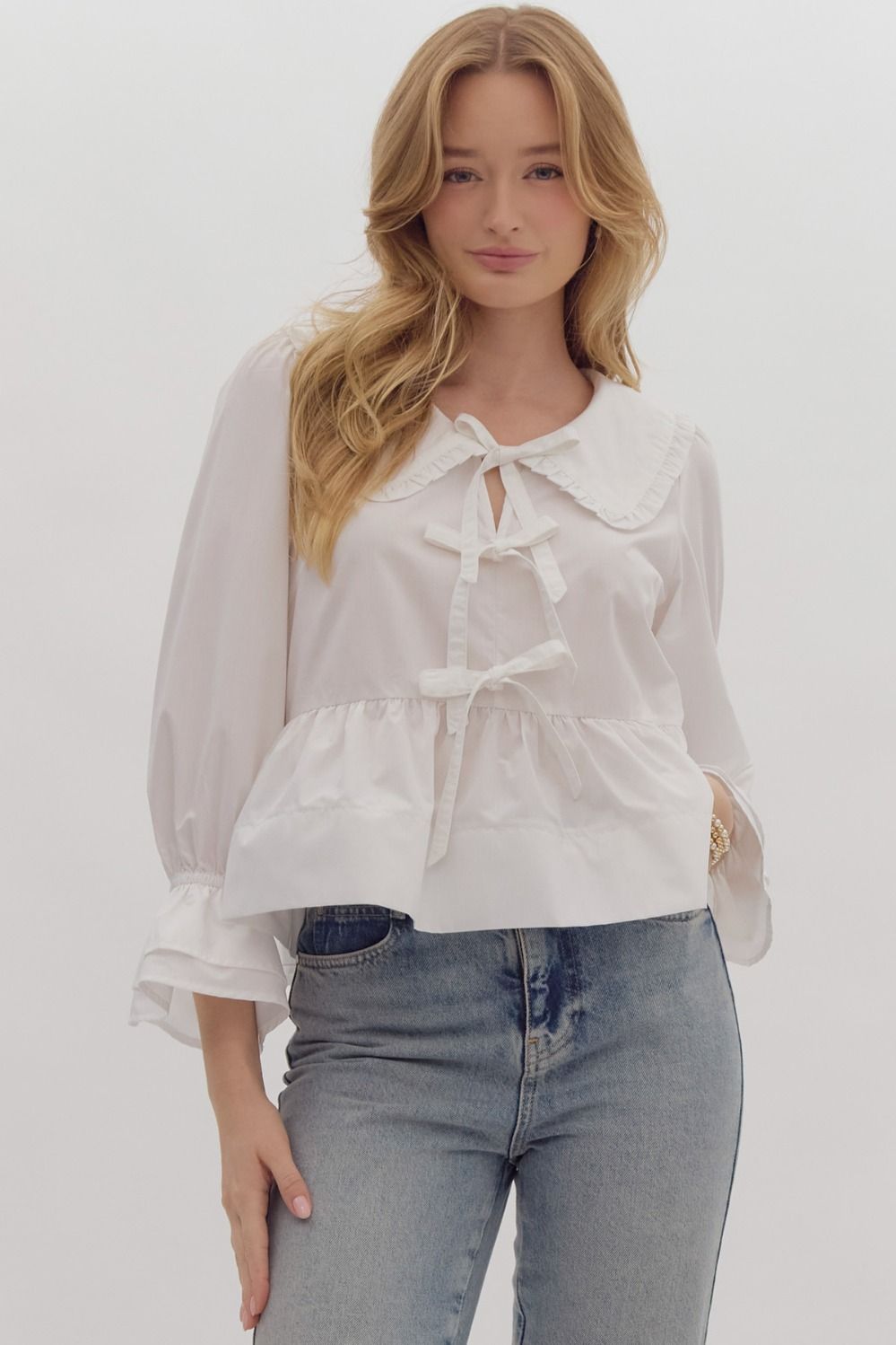 Bow-Tie Front Peplum Top - Off White