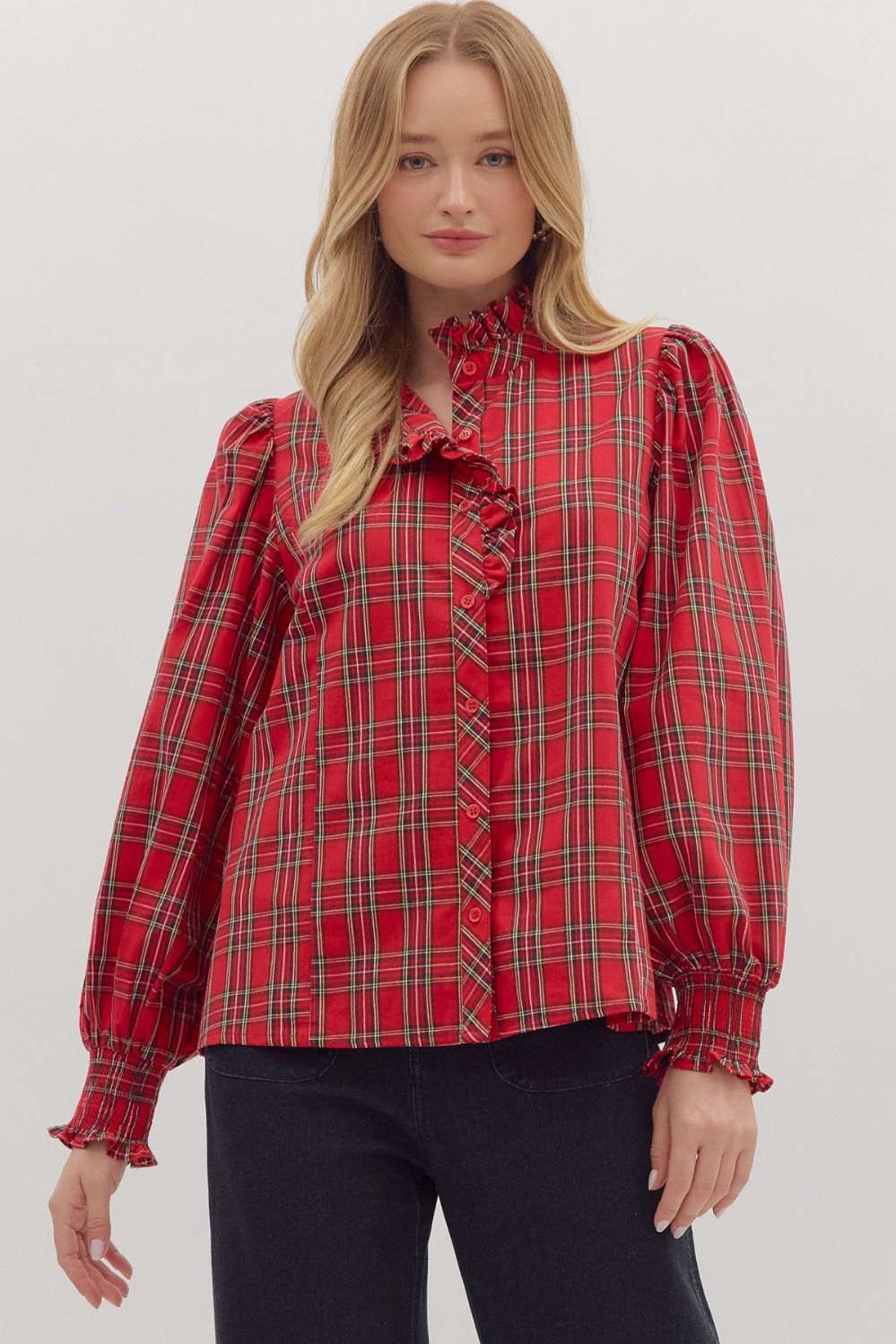 THE MYSTYLEMODE RED PLAID FLANNEL FRONT BOW TIE LONG SLEEVE CROP TOP