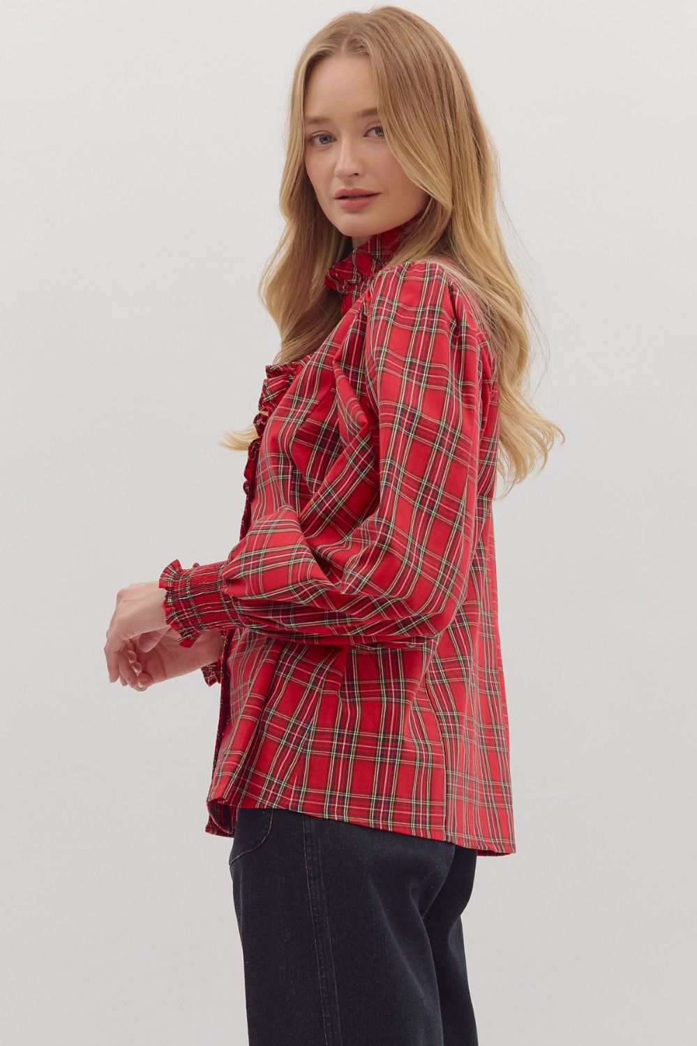 Plaid Long Sleeve Blouse Top - Red