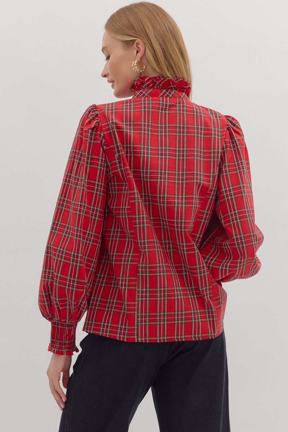 Plaid Long Sleeve Blouse Top - Red