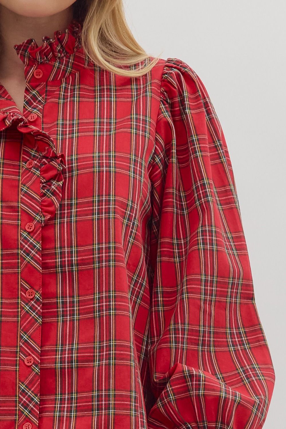Plaid Long Sleeve Blouse Top - Red
