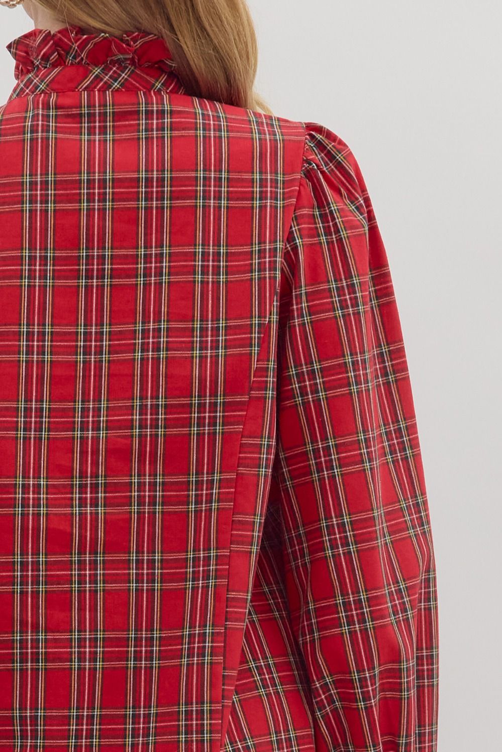 Plaid Long Sleeve Blouse Top - Red