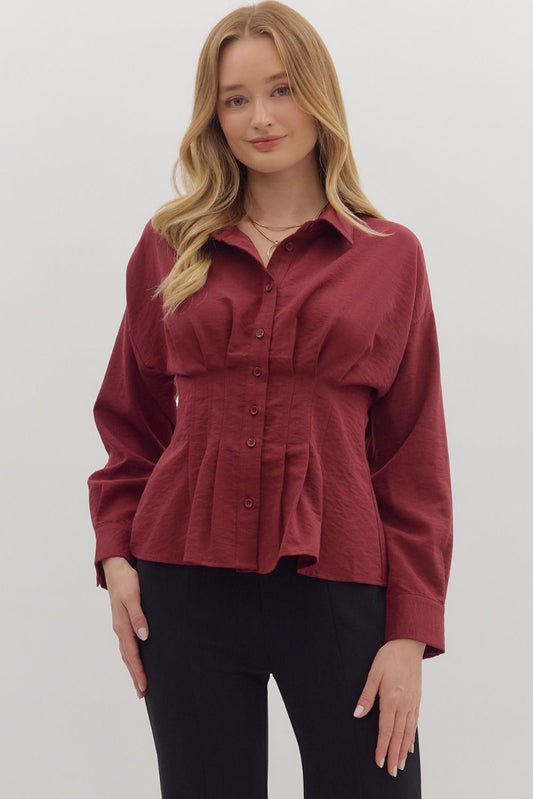 Long Sleeve Peplum Top - Burgundy