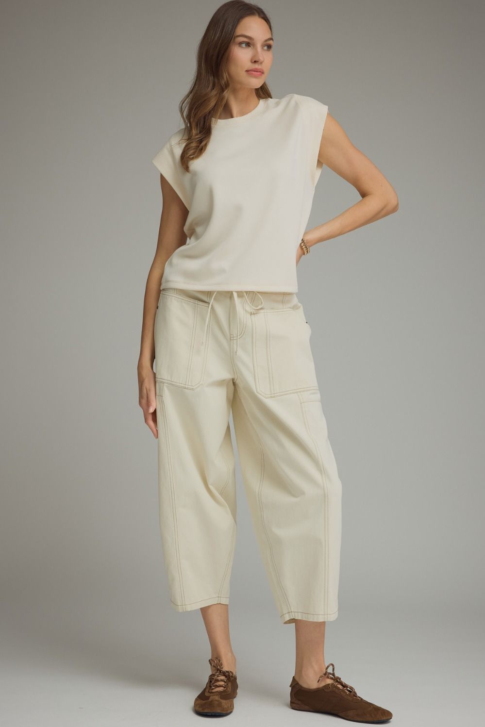 Round Neck Cap Sleeve Top - Ecru