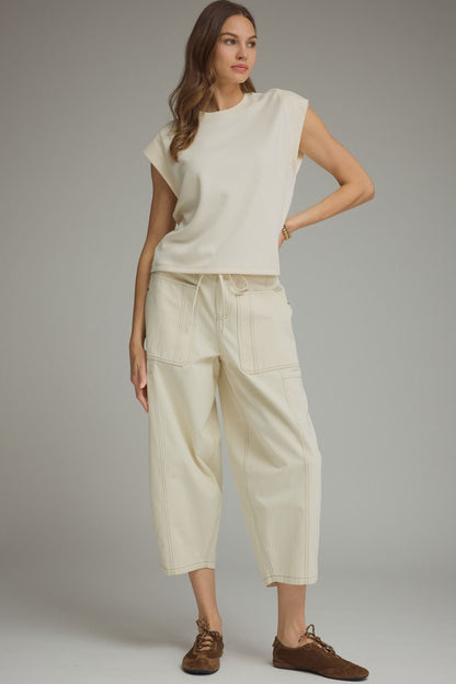 Round Neck Cap Sleeve Top - Ecru