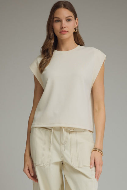 Round Neck Cap Sleeve Top - Ecru