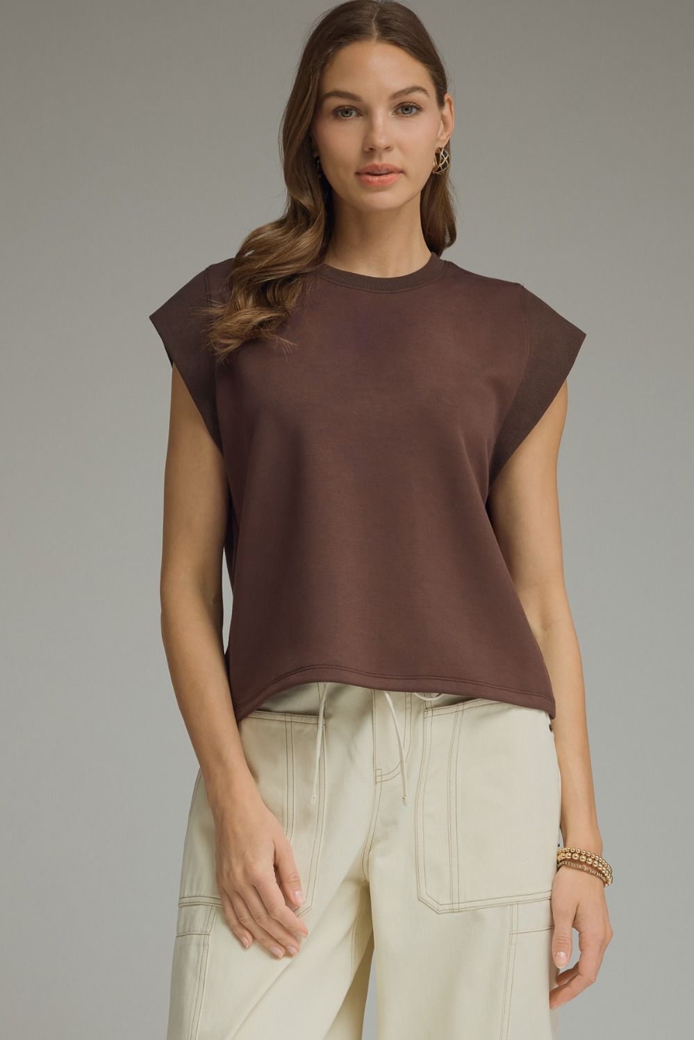 Round Neck Cap Sleeve Top - Brown