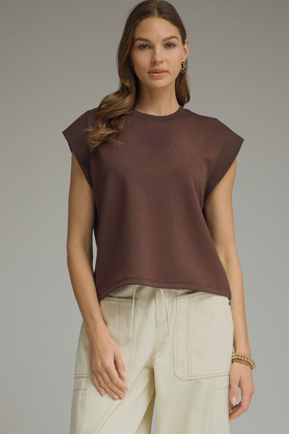 Round Neck Cap Sleeve Top - Brown