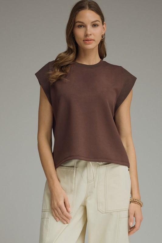 Round Neck Cap Sleeve Top - Brown