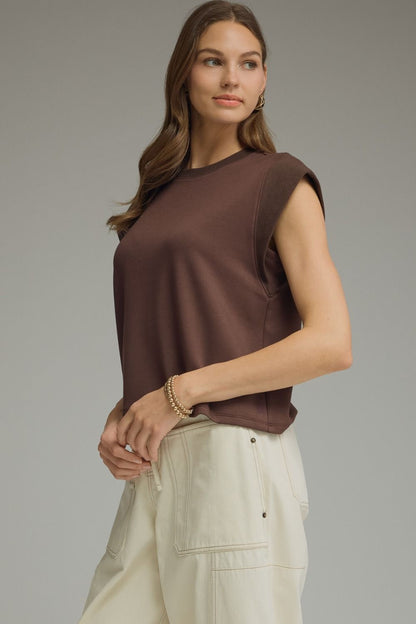 Round Neck Cap Sleeve Top - Brown