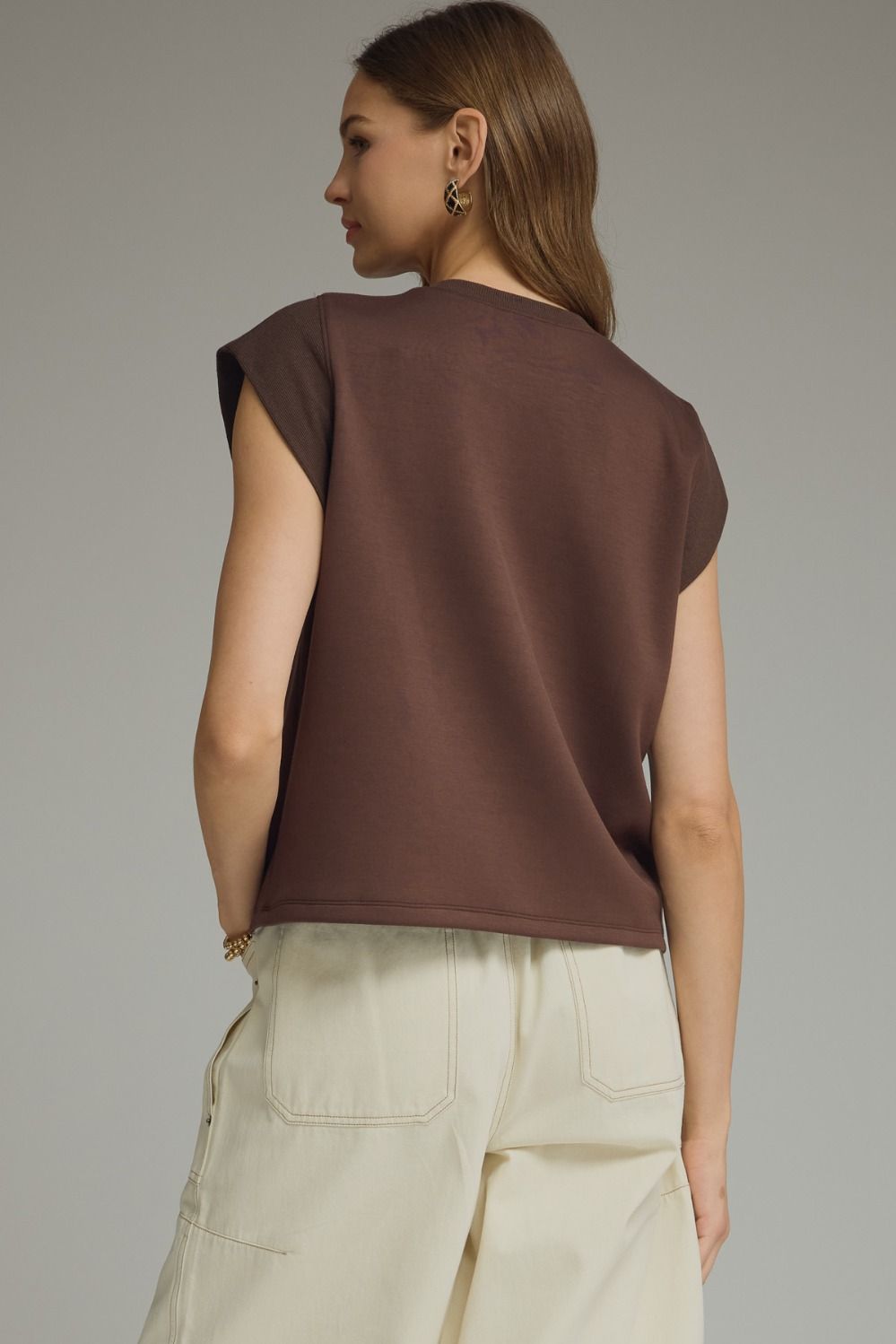 Round Neck Cap Sleeve Top - Brown