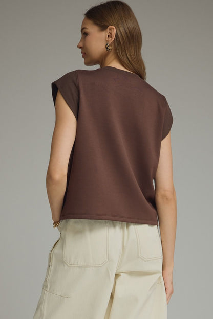 Round Neck Cap Sleeve Top - Brown