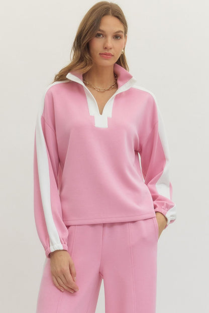 Contrast Collar Solid Long Sleeve Top - Pink
