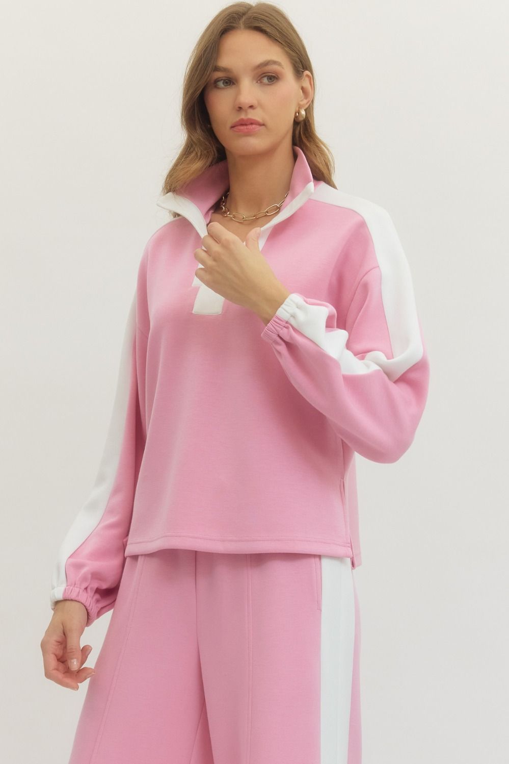Contrast Collar Solid Long Sleeve Top - Pink