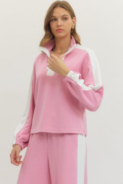 Contrast Collar Solid Long Sleeve Top - Pink