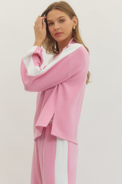 Contrast Collar Solid Long Sleeve Top - Pink