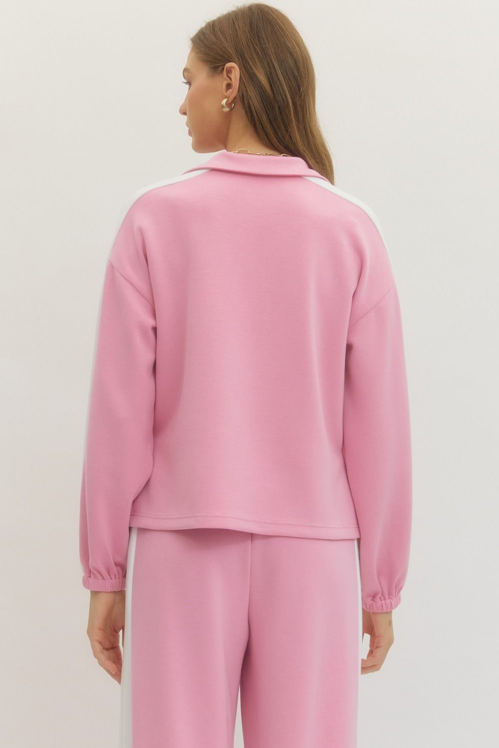 Contrast Collar Solid Long Sleeve Top - Pink