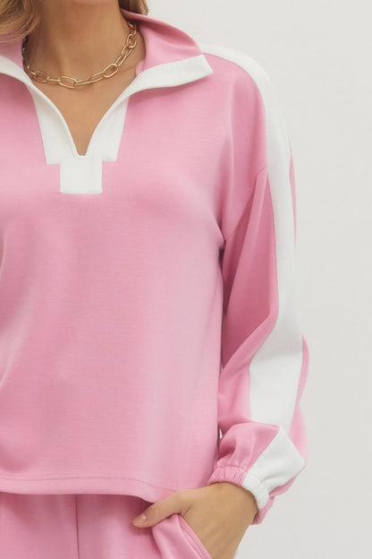 Contrast Collar Solid Long Sleeve Top - Pink