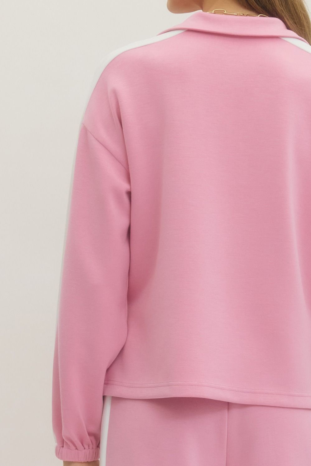 Contrast Collar Solid Long Sleeve Top - Pink