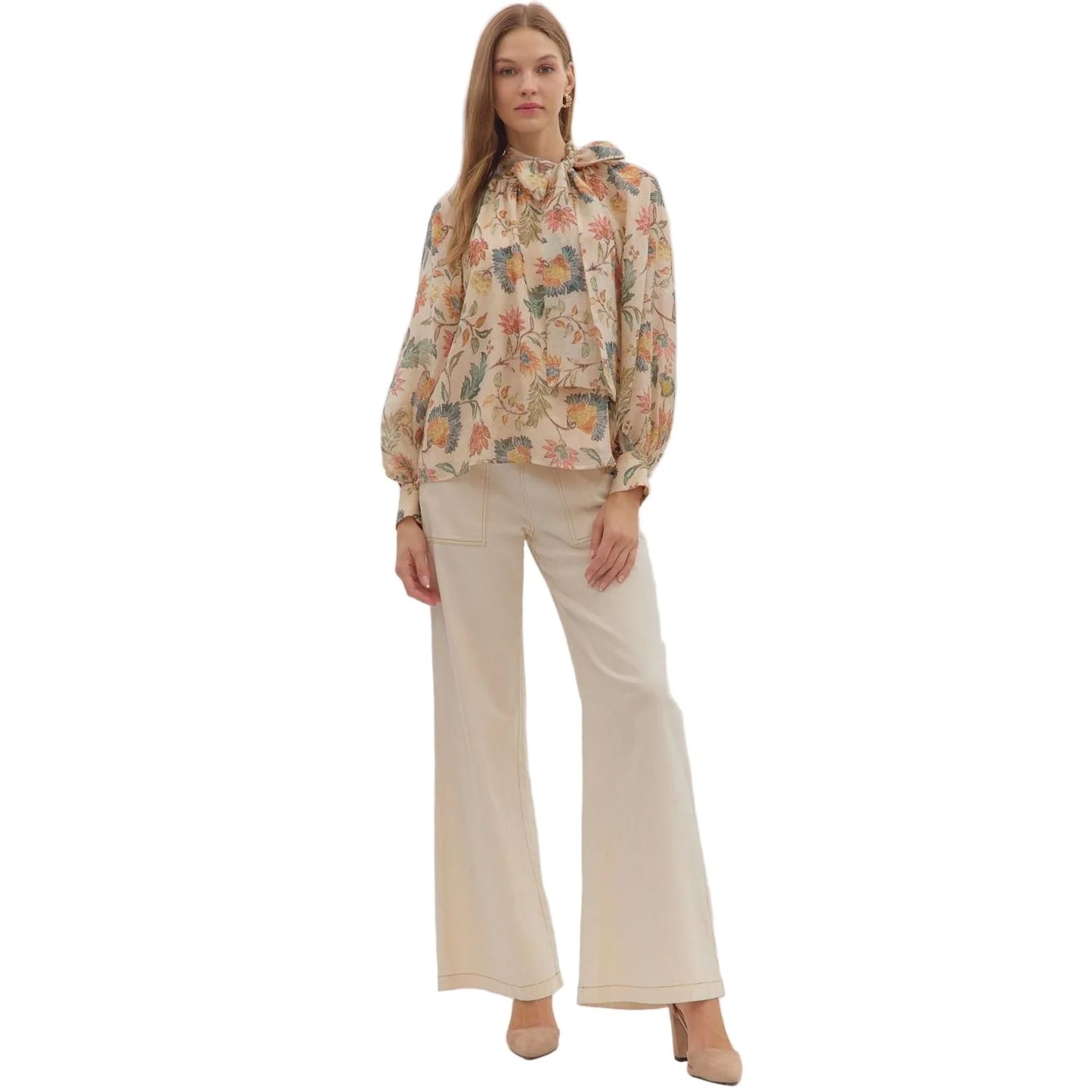 Floral Print Bow Tie Blouse - Ecru