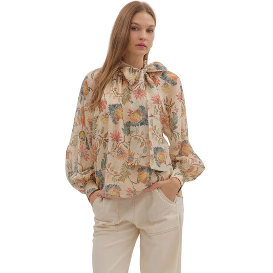 Floral Print Bow Tie Blouse - Ecru
