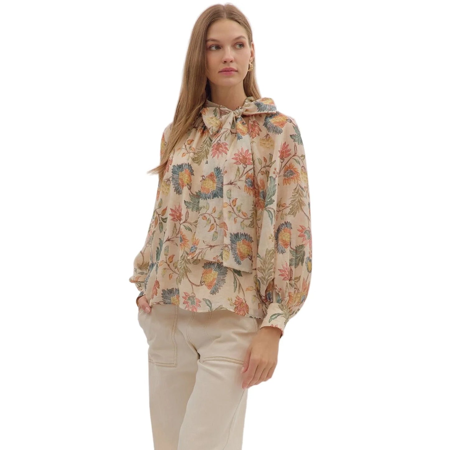 Floral Print Bow Tie Blouse - Ecru
