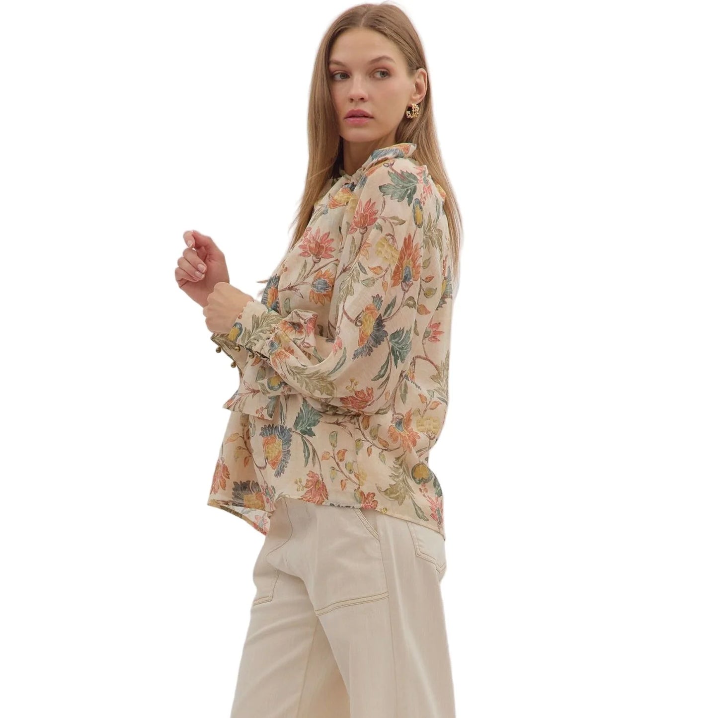 Floral Print Bow Tie Blouse - Ecru