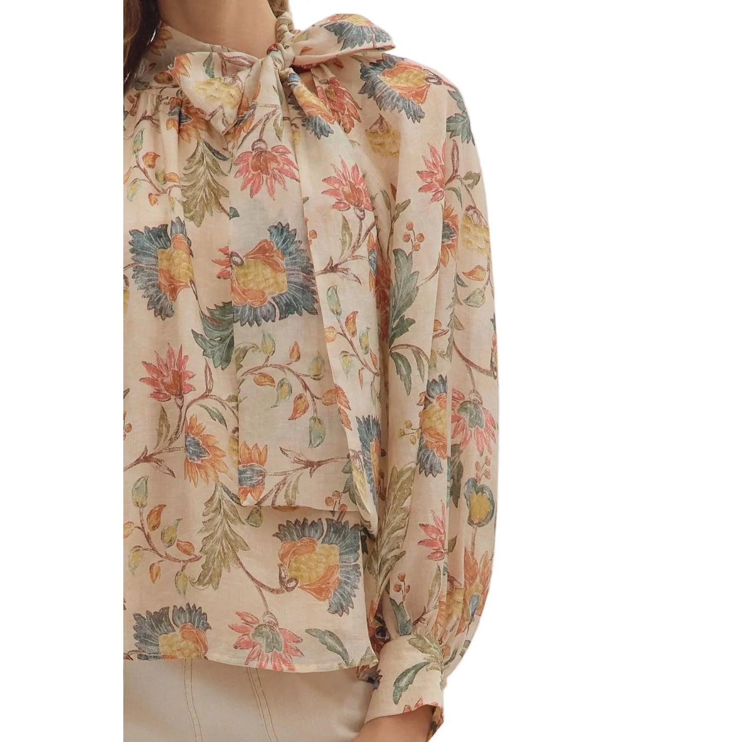 Floral Print Bow Tie Blouse - Ecru