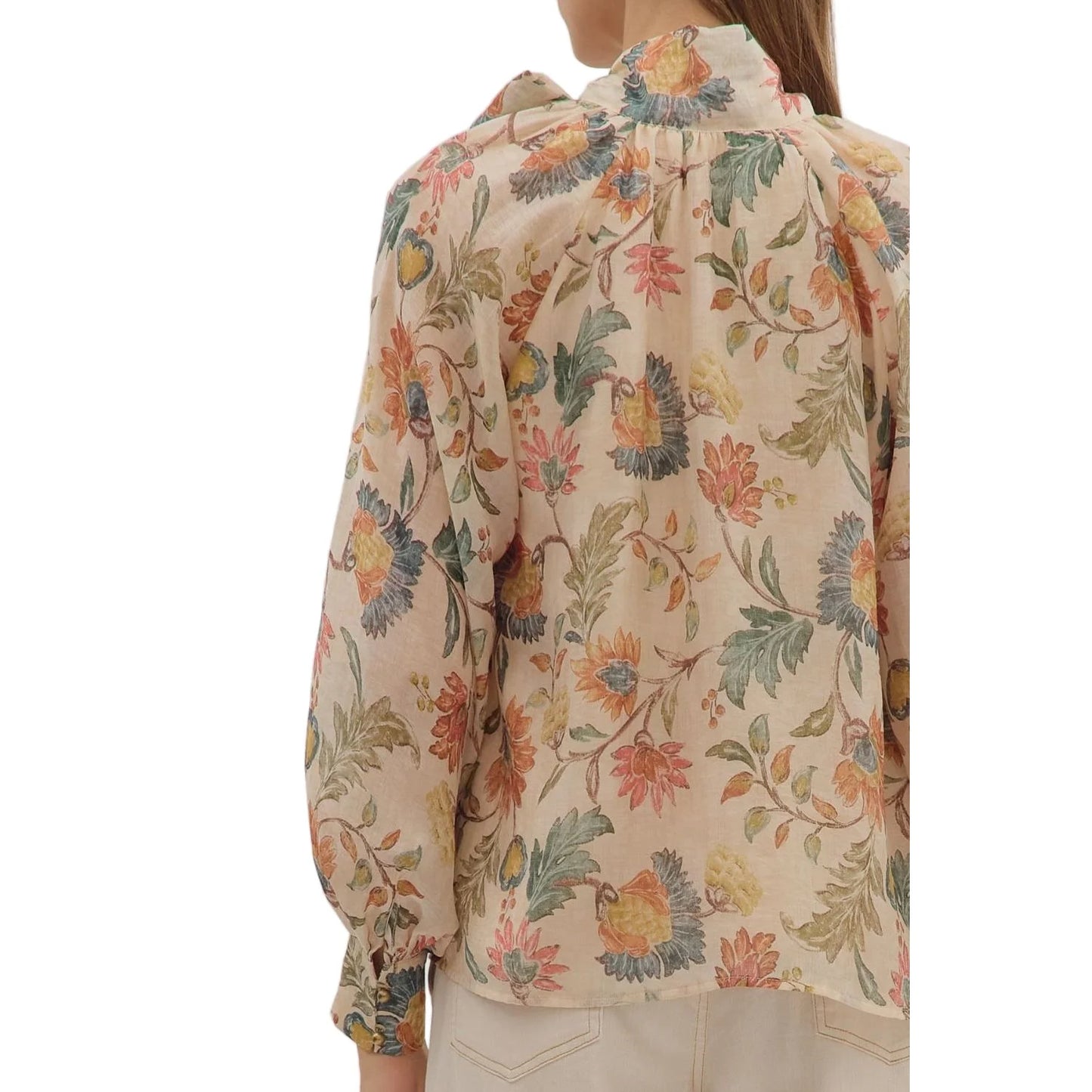Floral Print Bow Tie Blouse - Ecru