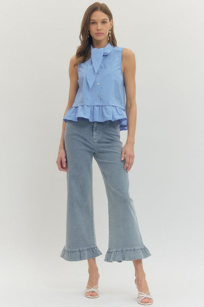 Tie-Neck Detail Sleeveless Top - Chambray