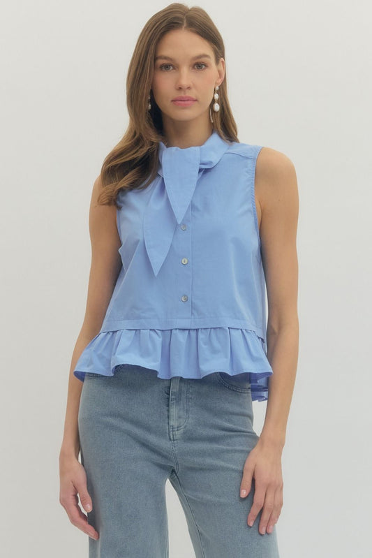 Tie-Neck Detail Sleeveless Top - Chambray