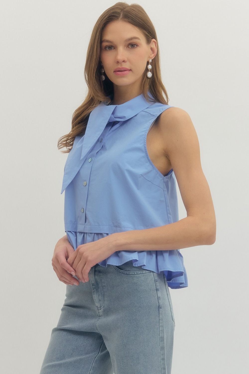 Tie-Neck Detail Sleeveless Top - Chambray