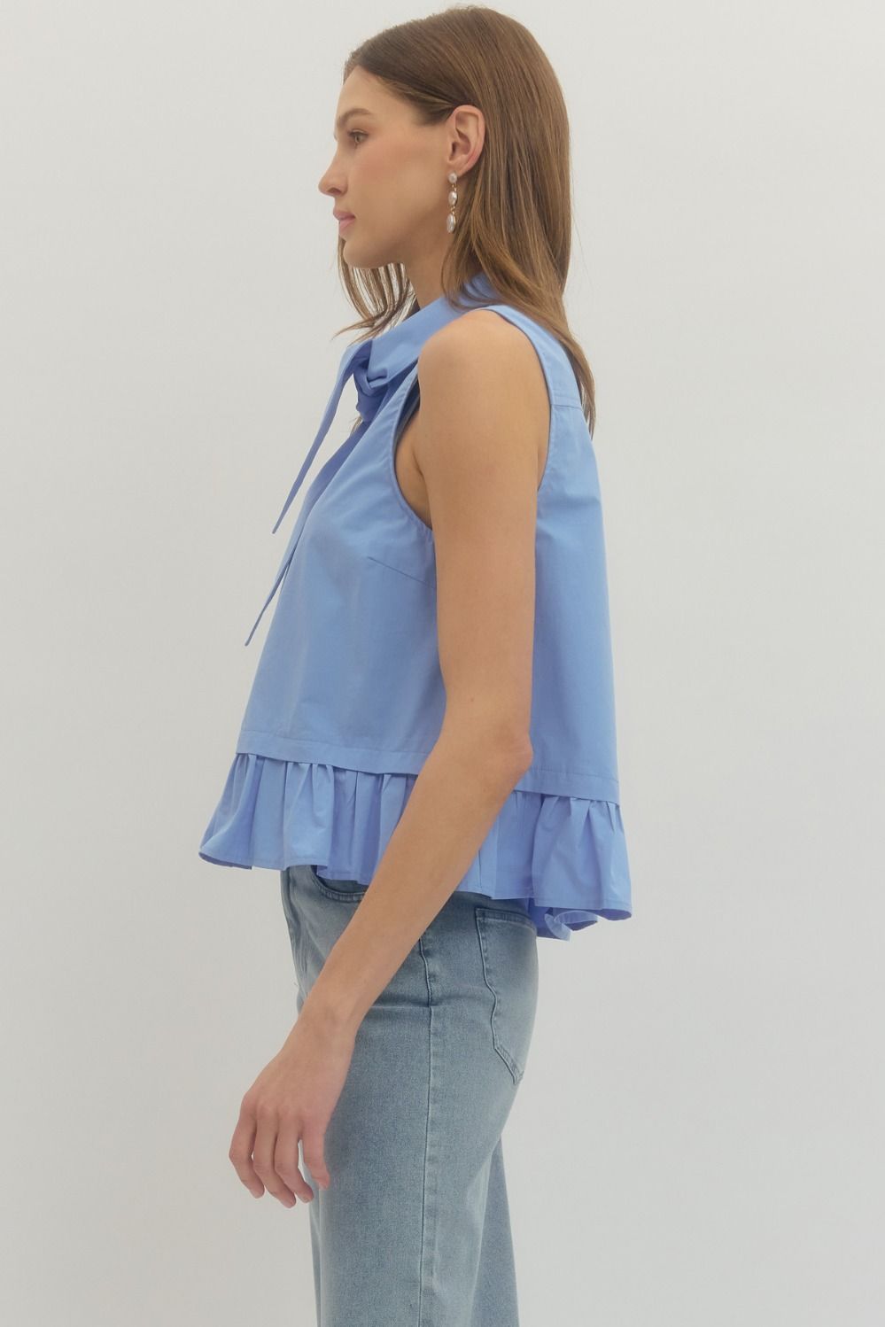 Tie-Neck Detail Sleeveless Top - Chambray