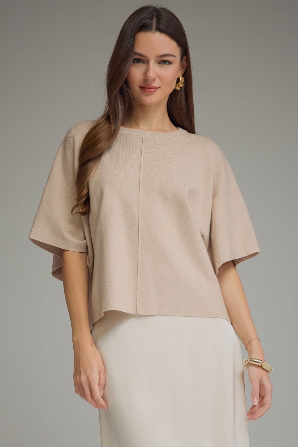 Solid Short Sleeve Round Neckline Knit Top - Oatmeal