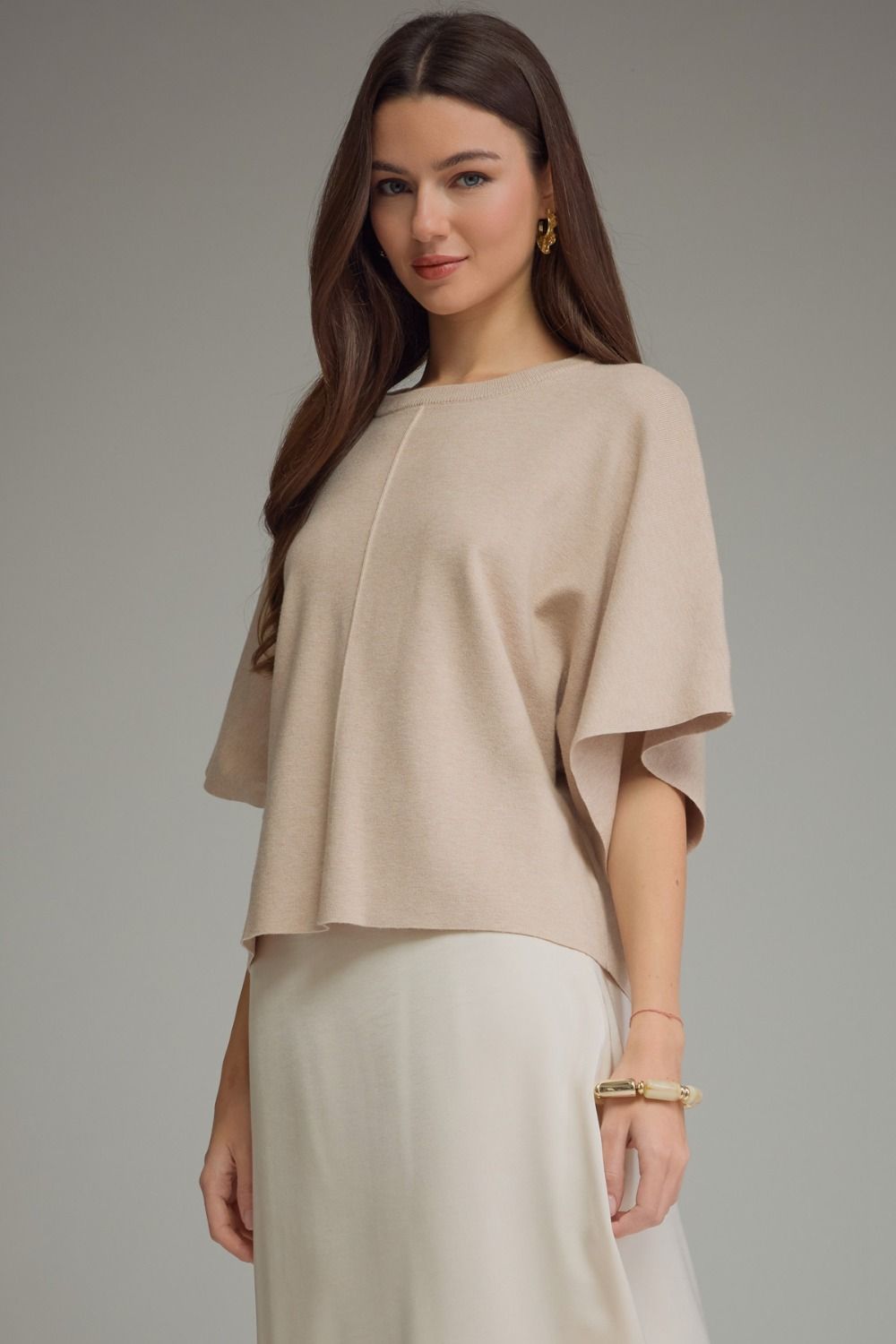 Solid Short Sleeve Round Neckline Knit Top - Oatmeal