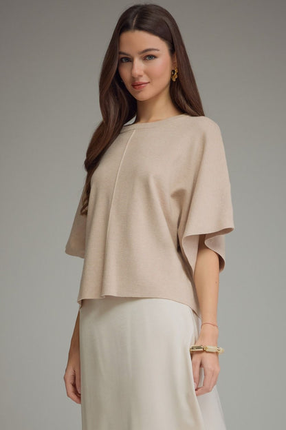 Solid Short Sleeve Round Neckline Knit Top - Oatmeal