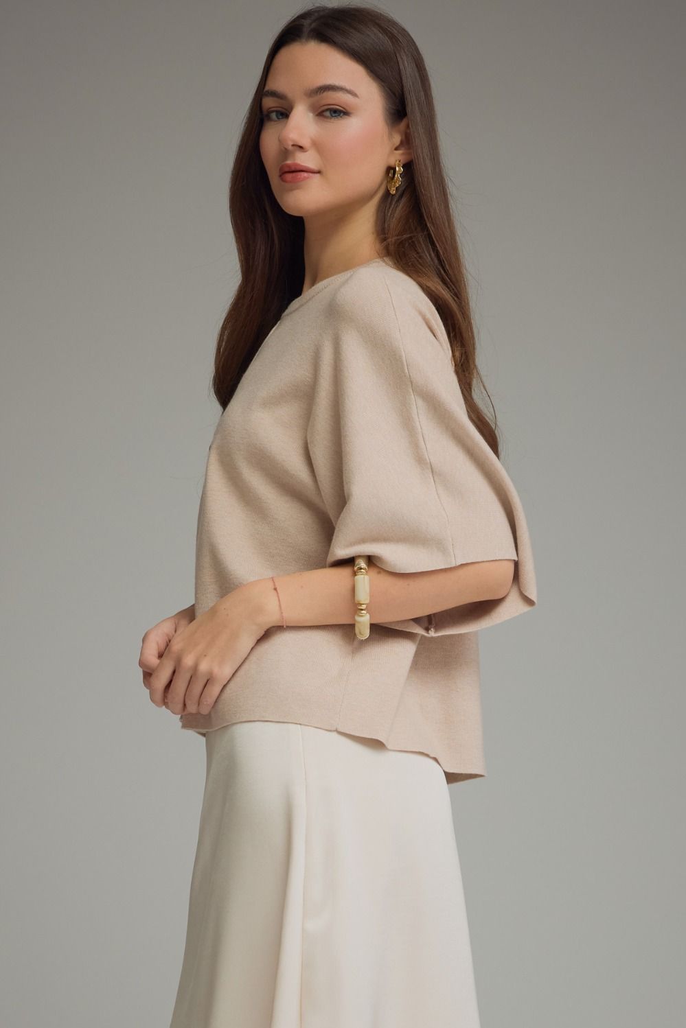 Solid Short Sleeve Round Neckline Knit Top - Oatmeal