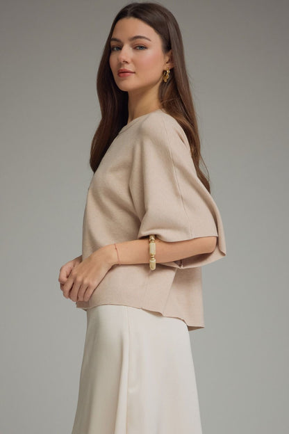 Solid Short Sleeve Round Neckline Knit Top - Oatmeal