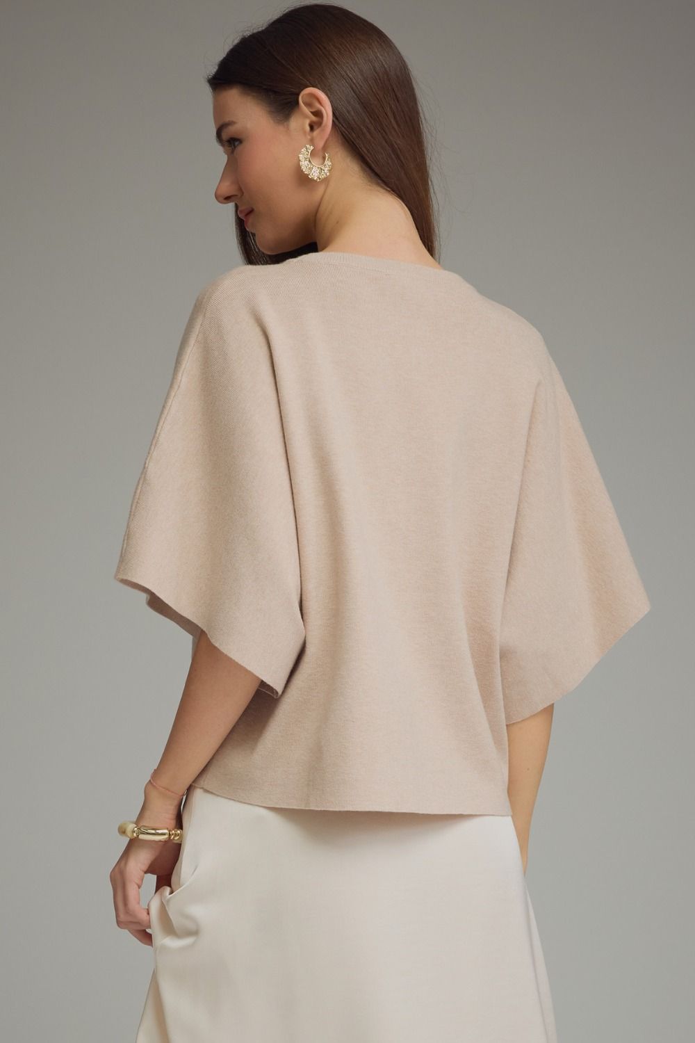 Solid Short Sleeve Round Neckline Knit Top - Oatmeal