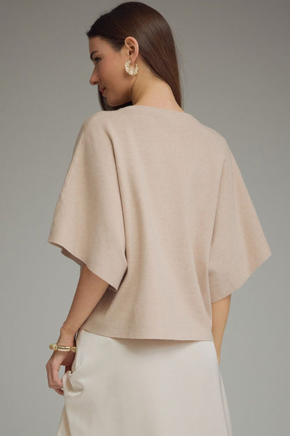Solid Short Sleeve Round Neckline Knit Top - Oatmeal