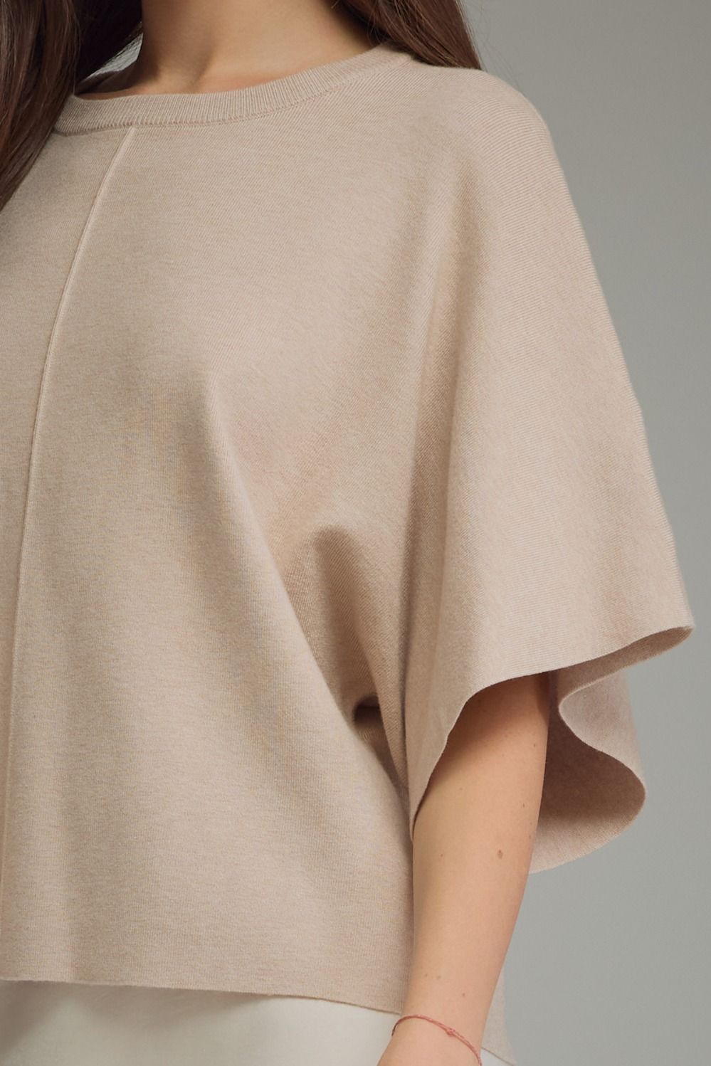 Solid Short Sleeve Round Neckline Knit Top - Oatmeal