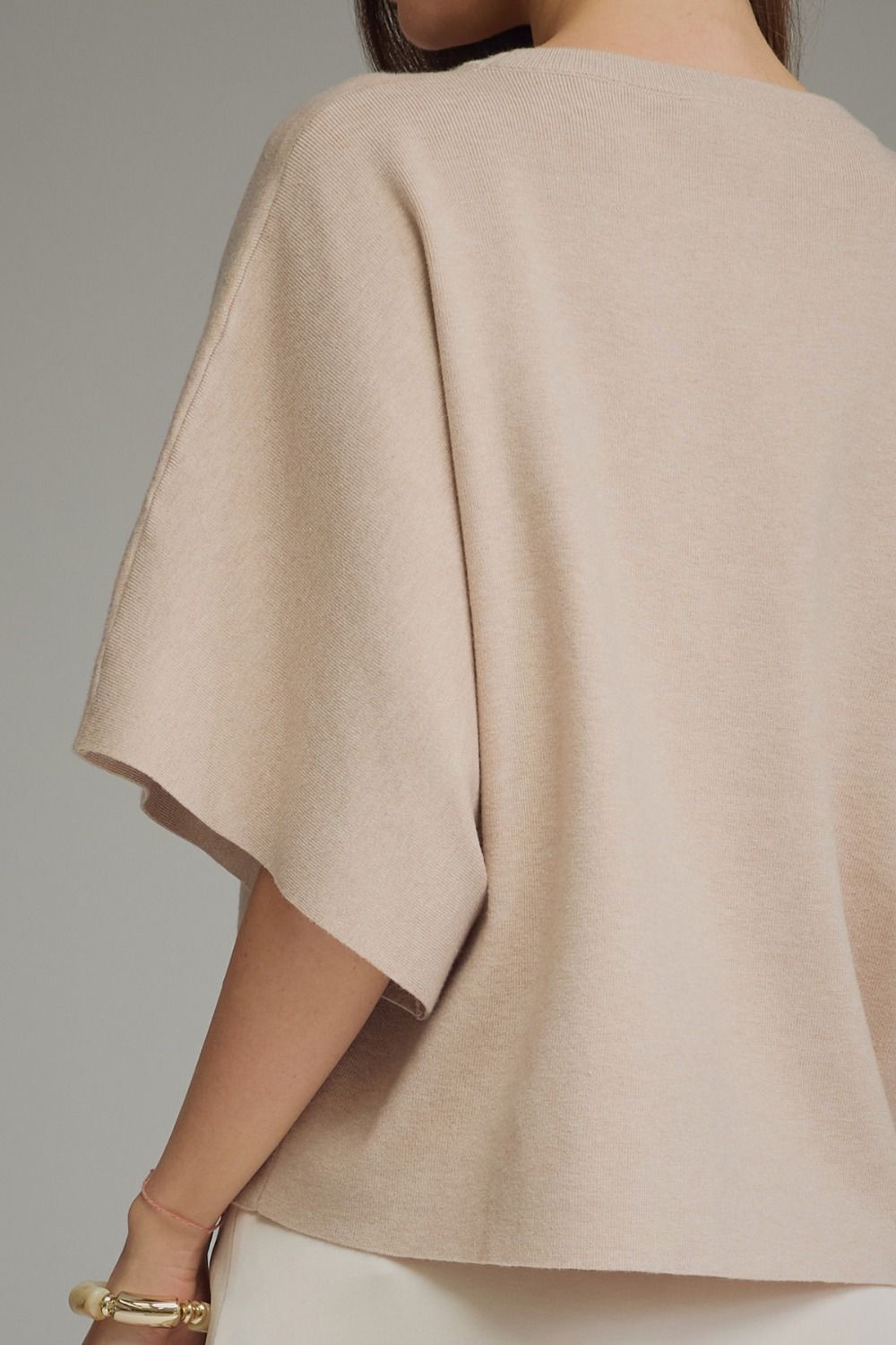Solid Short Sleeve Round Neckline Knit Top - Oatmeal