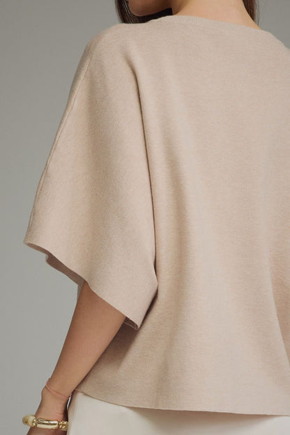Solid Short Sleeve Round Neckline Knit Top - Oatmeal