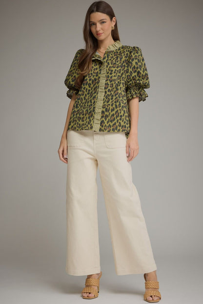 Leopard Print Ruffle Trim Puff Sleeve Top - Olive