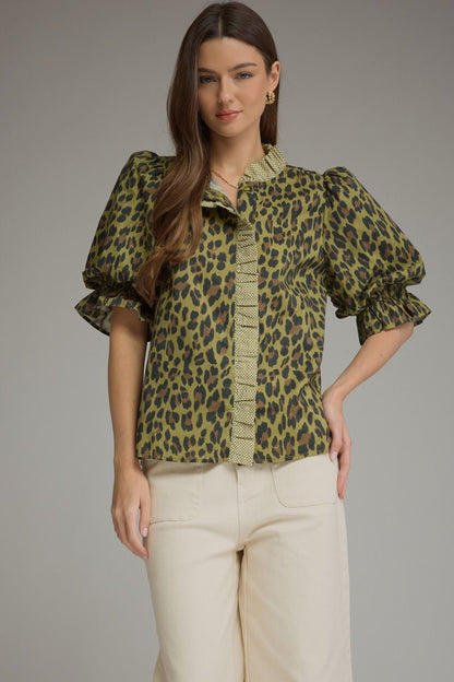 Leopard Print Ruffle Trim Puff Sleeve Top - Olive