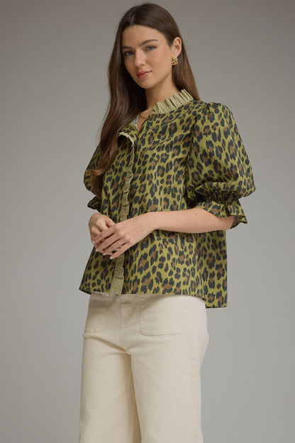 Leopard Print Ruffle Trim Puff Sleeve Top - Olive