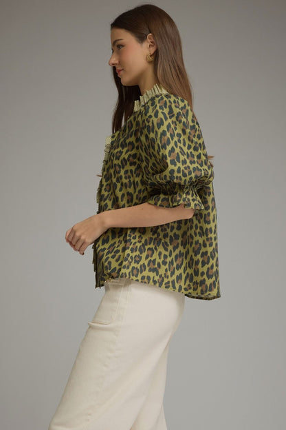 Leopard Print Ruffle Trim Puff Sleeve Top - Olive