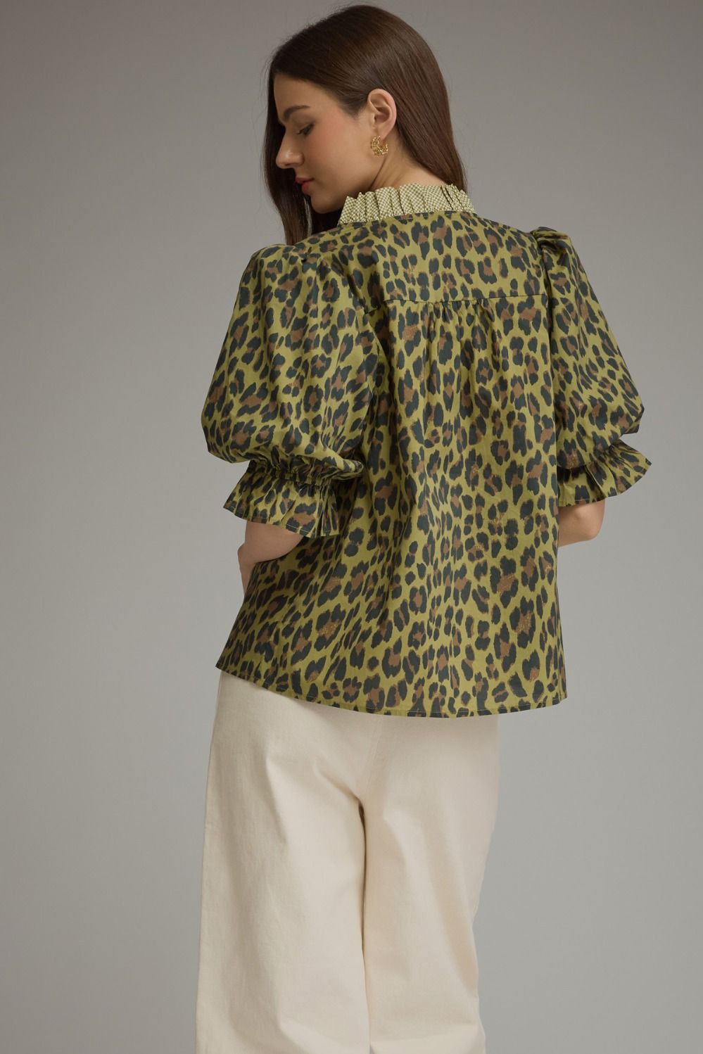 Leopard Print Ruffle Trim Puff Sleeve Top - Olive